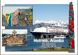 Alaska Trip - Haines - Disembarkation - Overnight the Zaandam cruised from Glacier Bay to Haines with a scheduled arrival of 6am. disembarkation. I awoke at 4:30 to go out on the public balcony at the front of the ship to watch the arrival and docking. Although the sun was behind the mountains, it was already light. The fjord we were cruising up was gorgeous and the weather matched the scenery with clear blue skies. We were about 30 minutes behind another cruise ship which was continuing on to Skagway. The approach to the Haines dock was amazingly smooth. The ship came to a stop in position at dockside and the crew scrambled to throw lines to the shore crew for tie up. I then went back in for breakfast. Since the float trip down the Chillcat River was not scheduled until 10:30am, I decided to reconnoiter Haines. As I was to learn, the ship's photographer would be at the base of the gangplank with one of their number dressed up as an Alaskan animal, in this case a bear. As I came down the ramp I heard the mascot complaining about the heat, and I recognized her voice as one of the cute young assistants, thus the pose :) For the record, in Juneau it was an eagle, and in Ketchikan it was a moose. Alaska Trip - Haines - Disembarkation