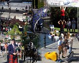 Alasaka Trip -Victoria - Inner Harbor and Buskers Festival Collage - We arrived in Vancouver at 7am. After disembarking and clearing customs we caught a Pacific Coach Lines Cross Water trip at the cruise terminal. The trip departed at 11am, with a scheduled arrival in Victoria at 3:20 pm. The trip included a 90 minute ferry trip. The bus was the first on and therefore the first off of the ferry. When we arrived at the terminal the ferry backed into the birth. When the car doors opened there was an impressive view of turbulent water kicked up by the engines. Surprisingly to me, once we landed there was still another 30 minutes of driving to get to Victoria. To complicate the situation, downtown Victoria was holding both an International Busker's Festival and an antique car parade. As a result it took the bus an additional half hour to go the last five blocks to the bus terminal. After we got off the bus we walked the two blocks to our hotel, checked in, and then walked down to the inner harbor where the festival was going on. This is a collage of pictures I took both then, and the next afternoon awaiting the bus back to Vancouver. Two interesting images in the collage are 1) a picture of a decorated fiberglass orca in the upper center. There were a number of these throughout the city. I assume it was an art project similar to either the pandas or party animals in DC. And 2) the left center image of trumpet player below an orca topiary. Alasaka Trip -Victoria - Inner Harbor and Buskers Festival Collage